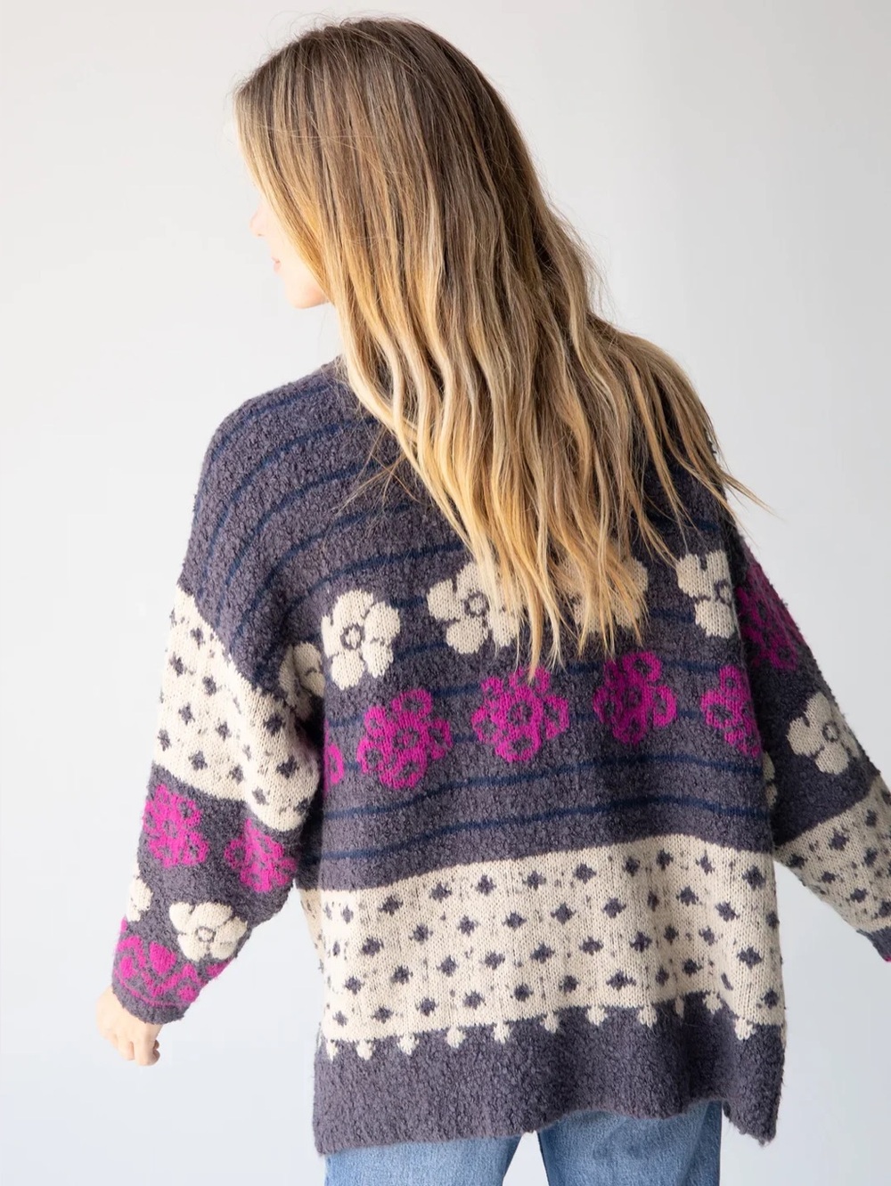 Natural Life Calla Jacquard Cardigan Sweater in Charcoal - Picture 3 of 6